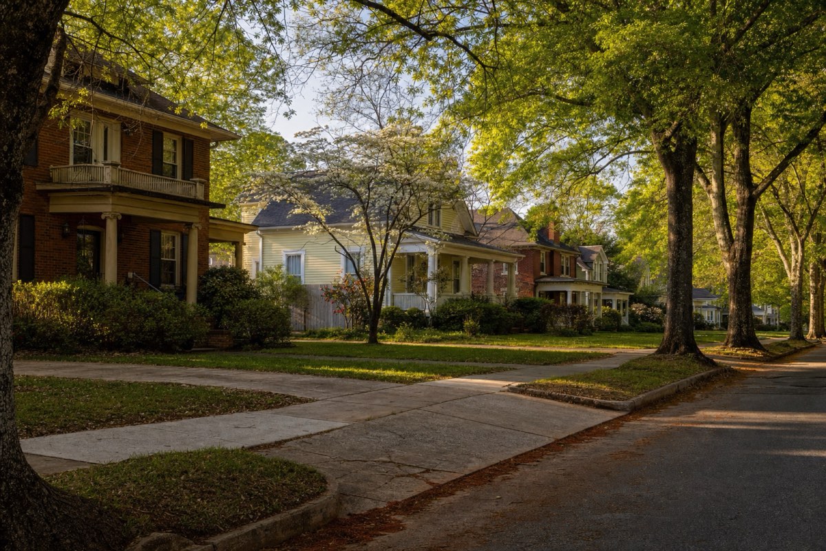 Tree-lined street of early-1900s brick and frame homes in an older Gastonia neighborhood