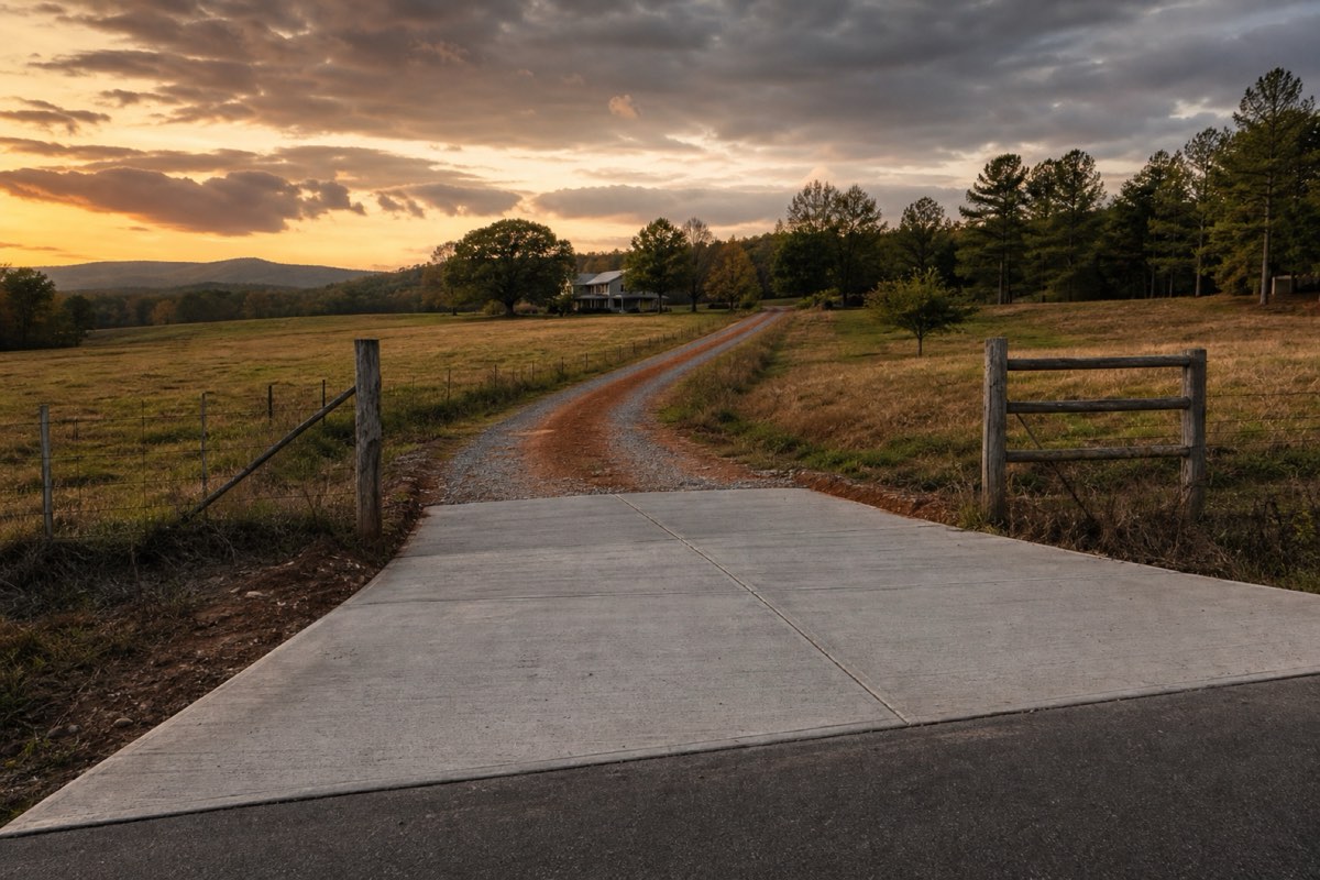 Long gravel driveway leading to a farmhouse set back from a rural road near Alexis
