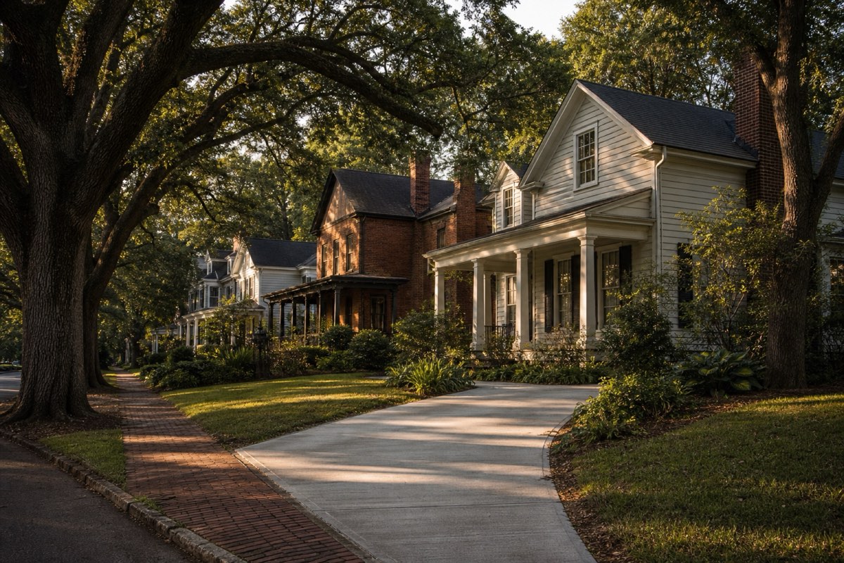 Older two-story home with a cracked original concrete driveway on a tree-lined Belmont street