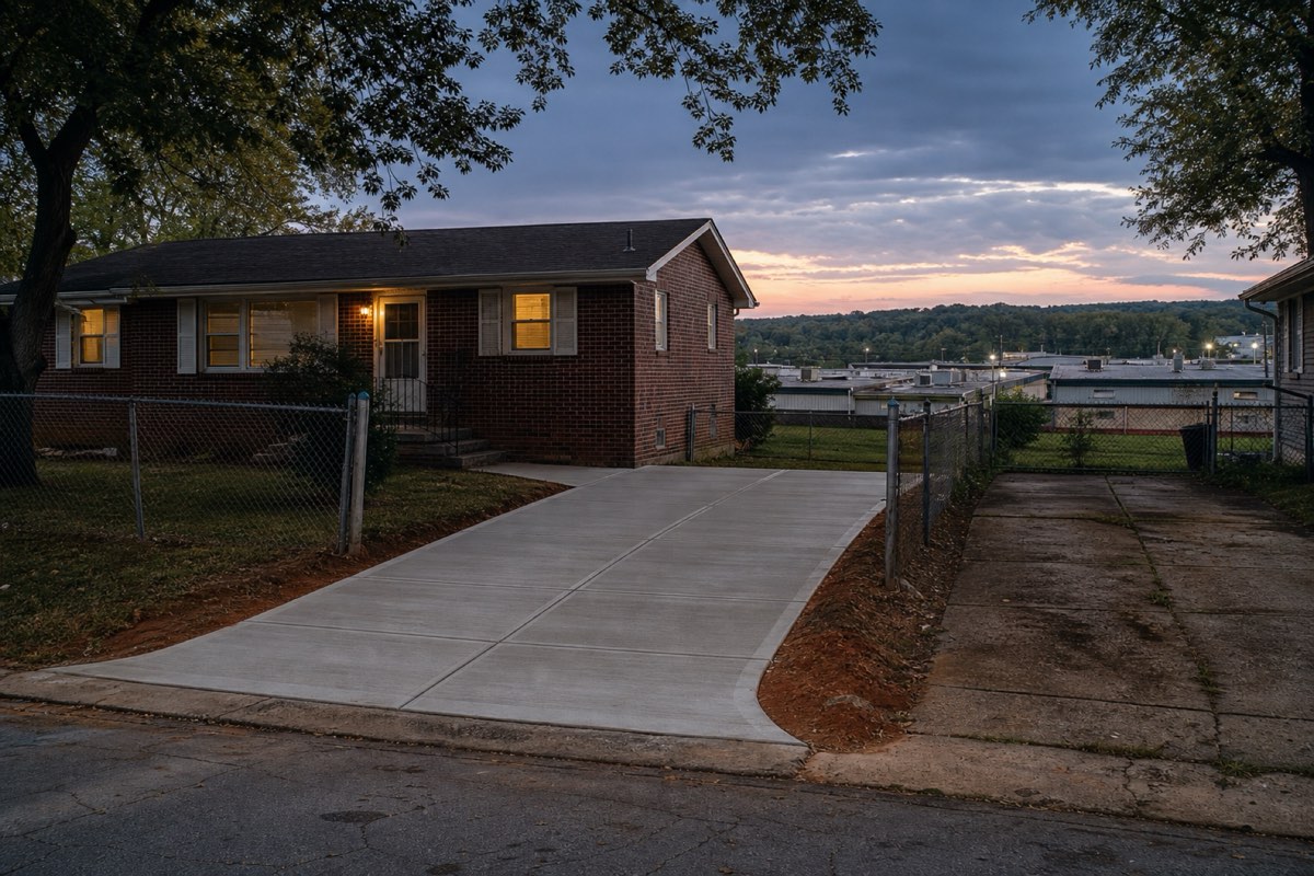 Pickup parked on a broom-finished concrete driveway at a one-story Bessemer City home