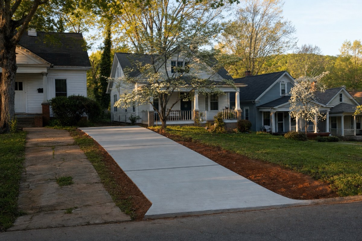 Weathered concrete driveway with crumbling edges beside an older frame house in Cherryville
