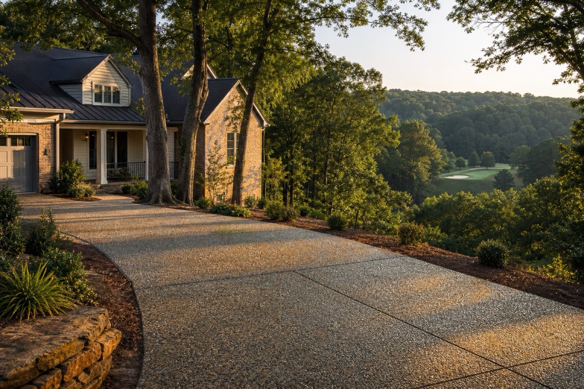 Sloped broom-finished concrete driveway curving up a wooded residential lot in Cramerton