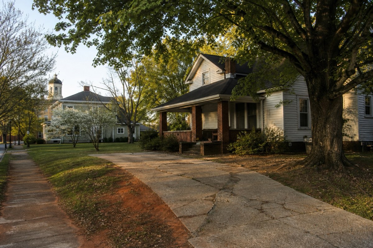 Concrete driveway leading to a modest single-story house a few blocks from the Dallas town square