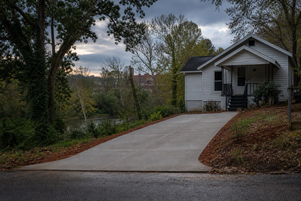 Short concrete driveway at a modest mill-era house on a quiet High Shoals street