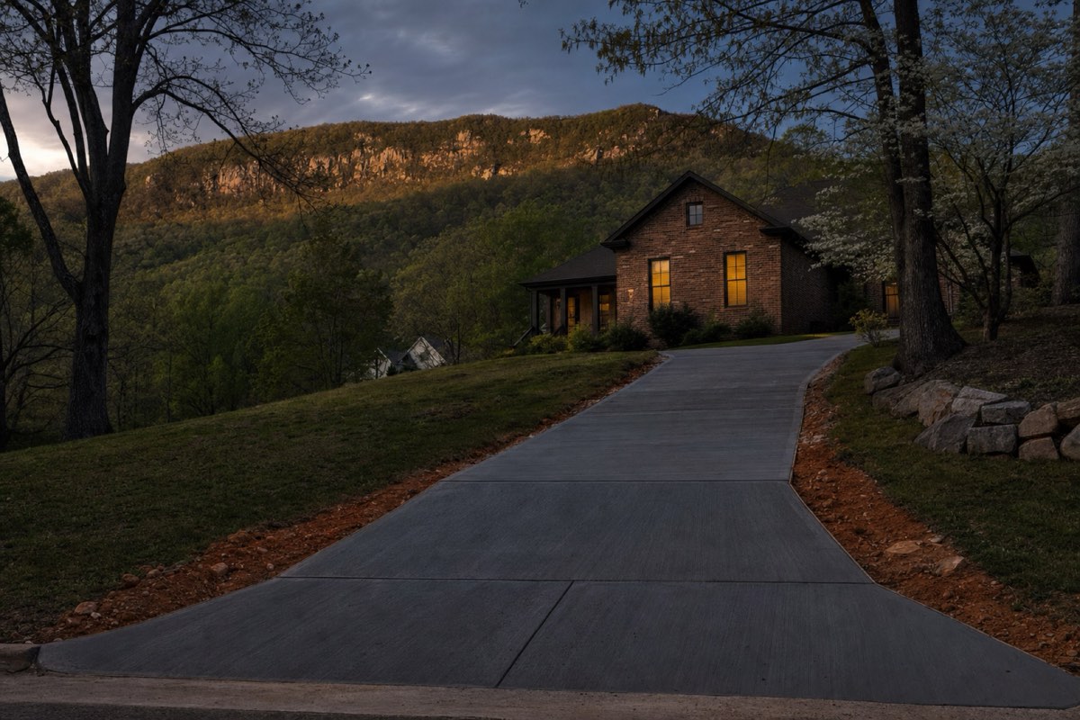 Steep concrete driveway with a grooved surface climbing to a hillside home near Kings Mountain