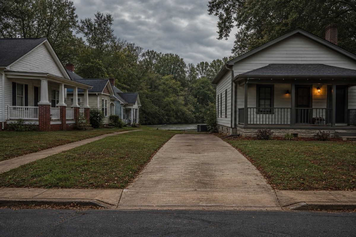 Narrow concrete driveway between two closely spaced older homes on a Lowell side street