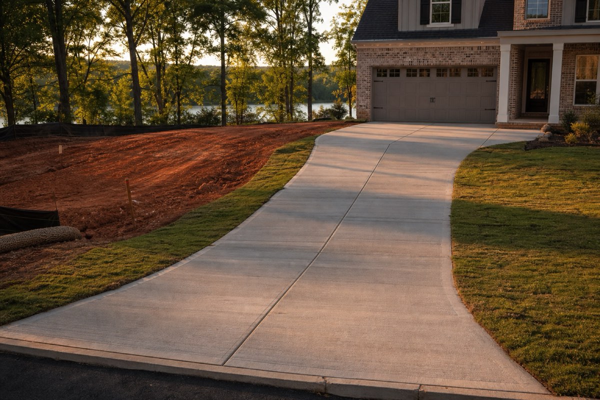 Two-car concrete driveway at a new brick-and-siding home in a Mount Holly subdivision