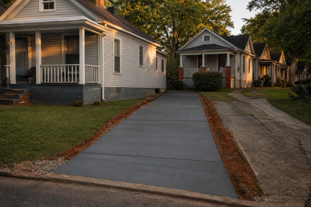 Row of small 1920s mill houses in Ranlo, one with a new concrete driveway beside older cracked strips