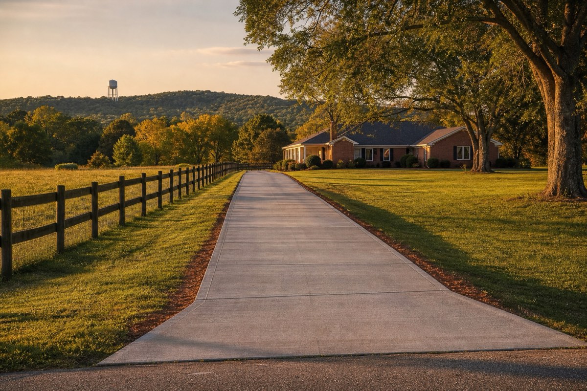 Concrete parking pad with a boat trailer beside a ranch home on a large Stanley lot