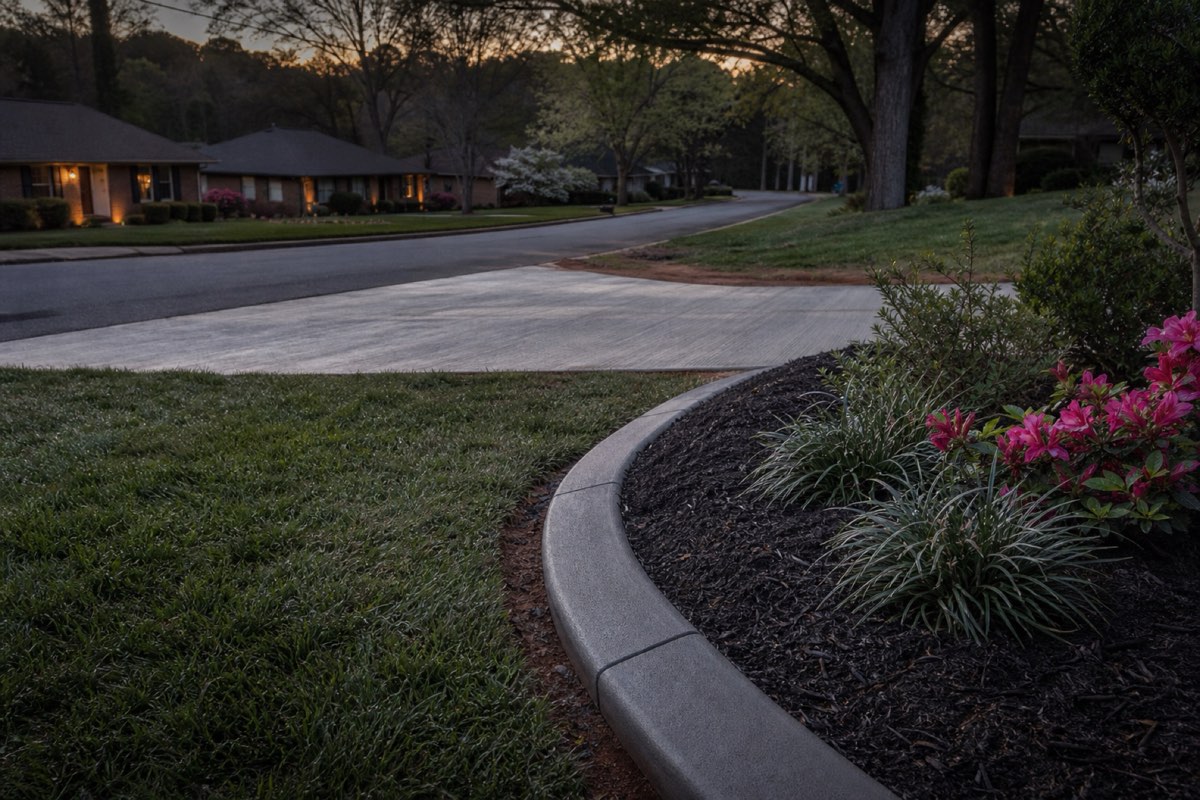 Decorative extruded concrete border winding between a lawn and a mulched planting bed beside a house