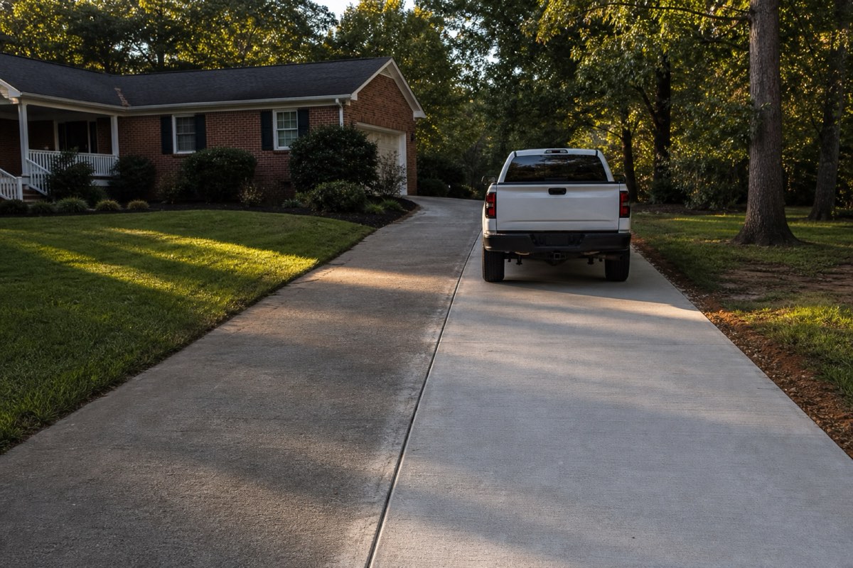 Freshly poured concrete widening strip alongside an established driveway, form boards and stakes still in place at the lawn edge