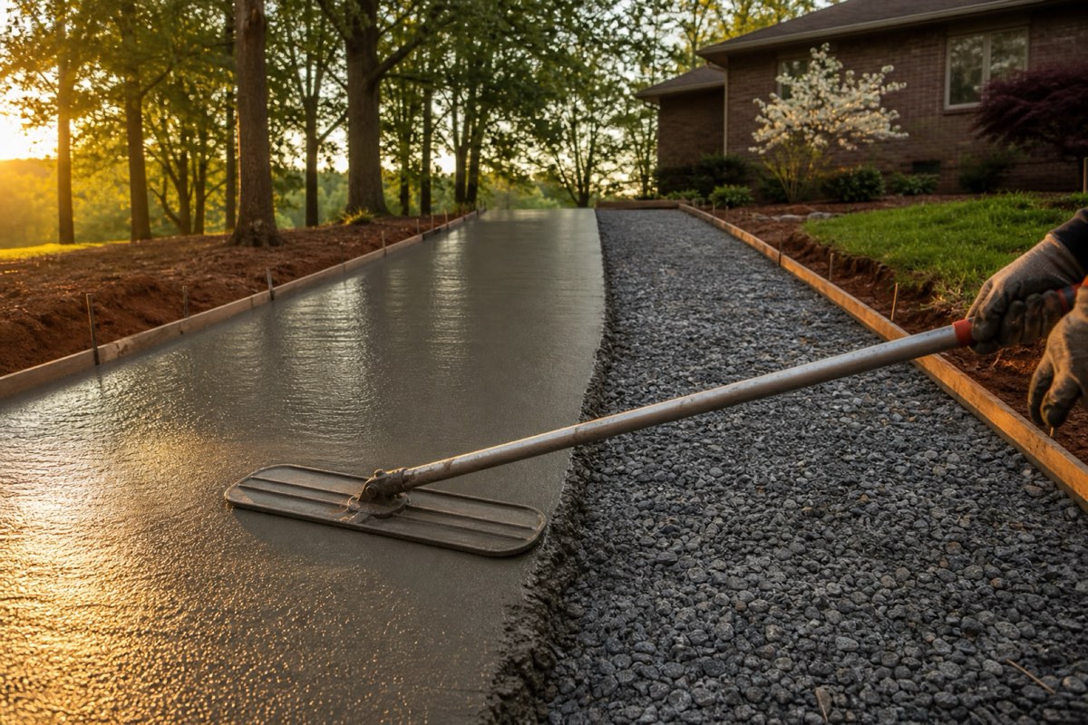 Concrete being screeded between form boards on a residential driveway, gravel base and red clay soil visible at the edges