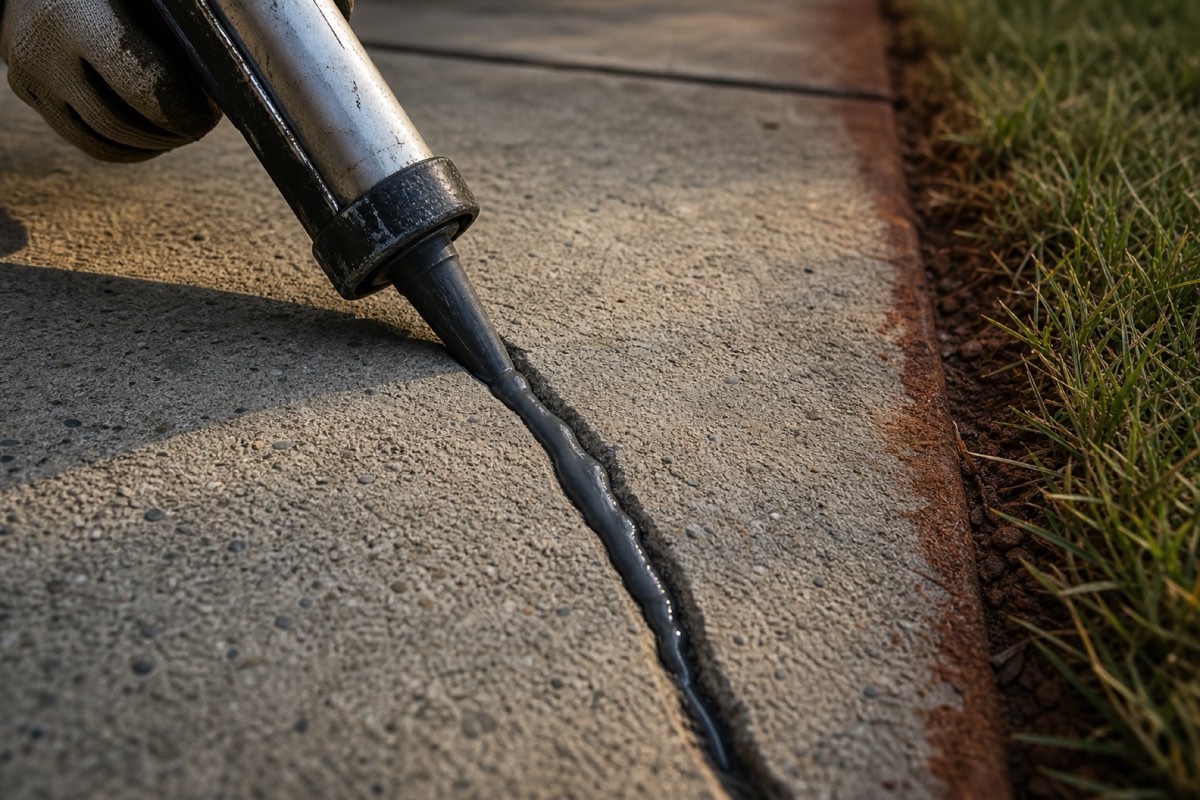 Bead of fresh gray sealant filling a routed crack that runs across a weathered concrete driveway panel