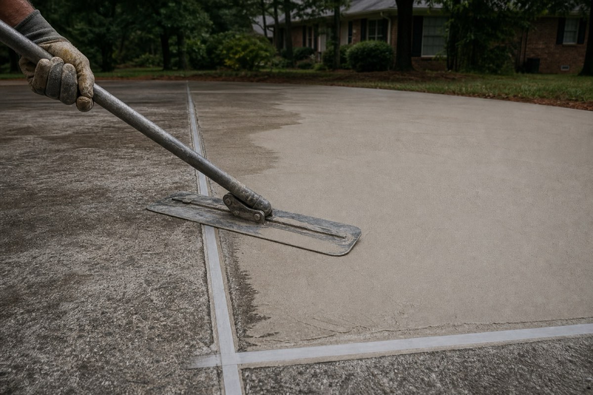 Worker pulling a thin pale overlay across an older concrete driveway with a squeegee, half the slab renewed and half weathered