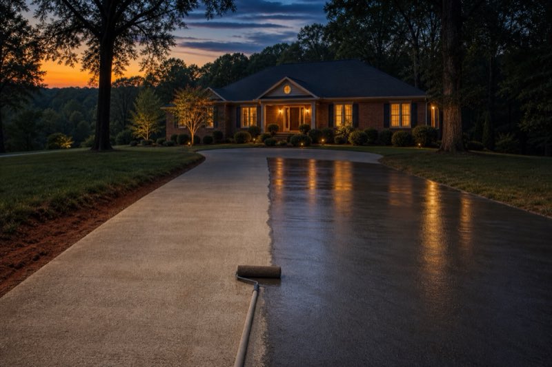 Roller applying clear sealer to a broom-finished concrete driveway, the coated section showing a darker satin tone