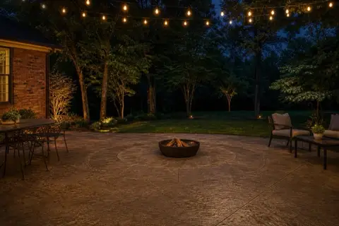 Light-toned textured concrete patio with outdoor furniture behind a house, trees and a sloped backyard in the background