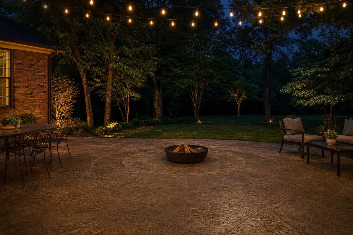 Light-toned textured concrete patio with outdoor furniture behind a house, trees and a sloped backyard in the background