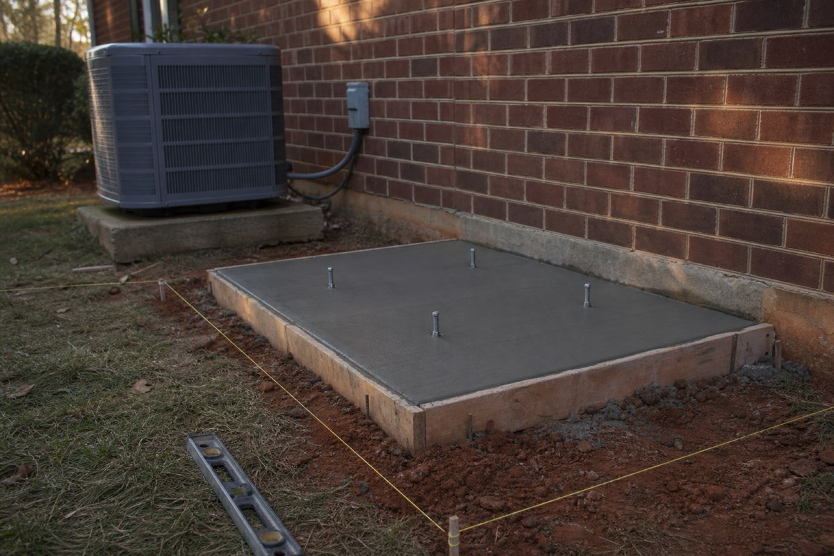 Small square concrete pad with anchor bolts protruding from the fresh surface, ready for a backyard shed