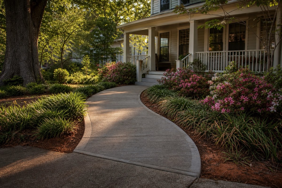 Concrete front path with broom texture winding beneath large trees toward the steps of an older two-story house
