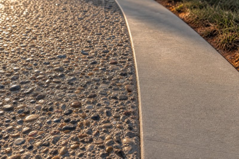 Close view of an exposed aggregate driveway surface with rounded tan and gray pebbles set in concrete after rain