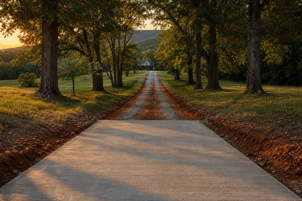 Long rural driveway showing new concrete in the foreground transitioning to a rutted red-dirt gravel track between fields
