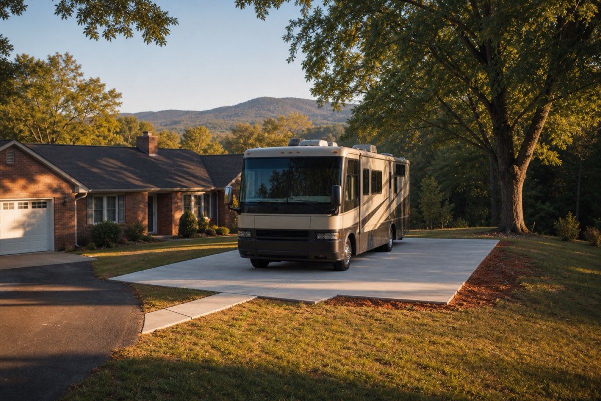 Reinforced concrete parking pad next to a home with a camper trailer resting on it