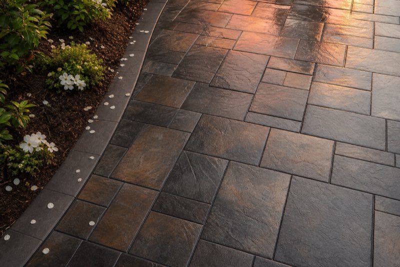 Stamped concrete driveway with an ashlar stone pattern in warm gray tones leading toward a brick house